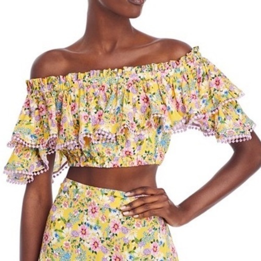 Charo Ruiz Ibiza Cata Crop Top Yellow Floral Off Shoulder Ruffle Pom Pom Trim M